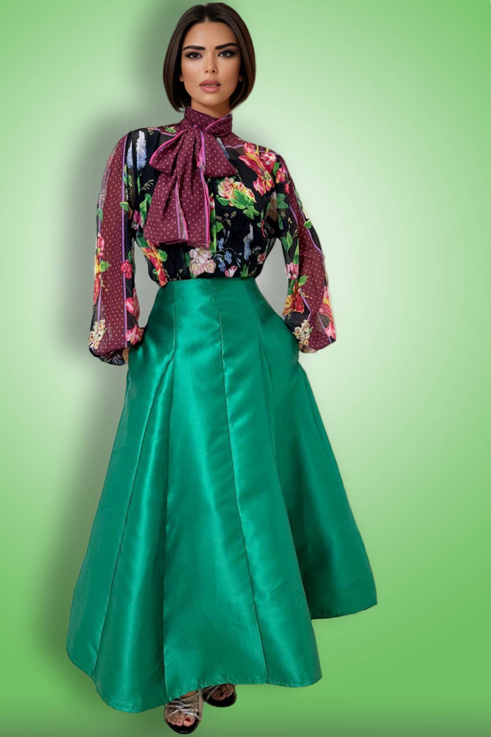 X7732 MIXED PRINT NECK TIE TOP