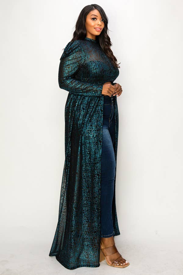 Puff Sleeve Foil Print See-Through Maxi Dress