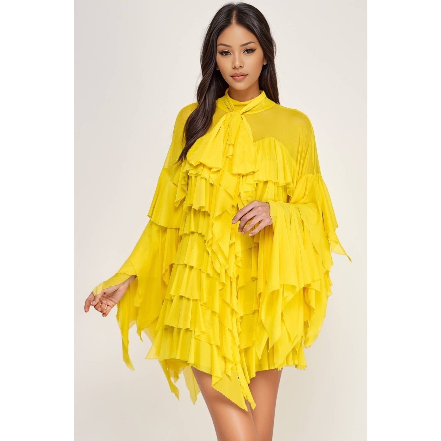 PLUS Tie Mock Neck Tiered Ruffle Mesh Blouse Top Mini Dress