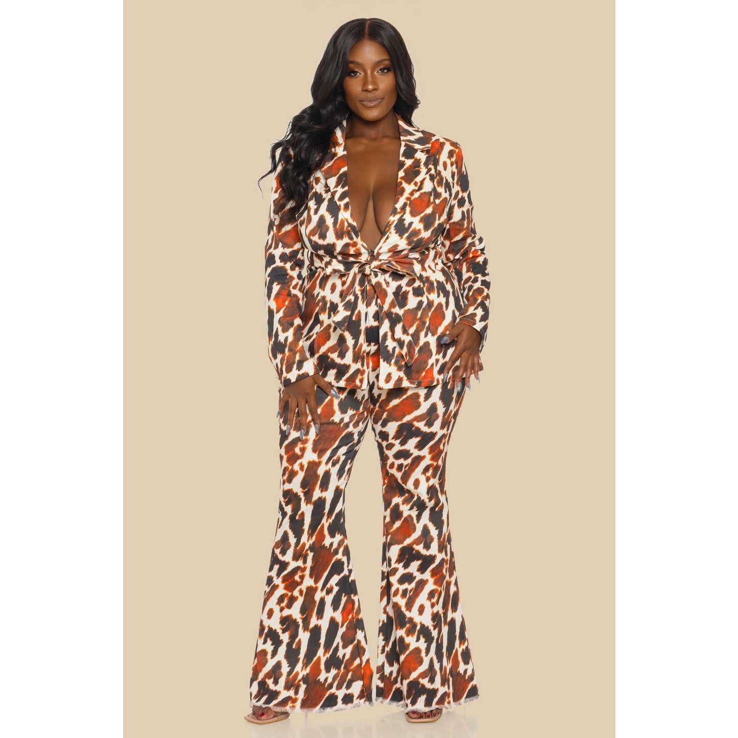 PLUS COW PRINTED DENIM JACKET SET