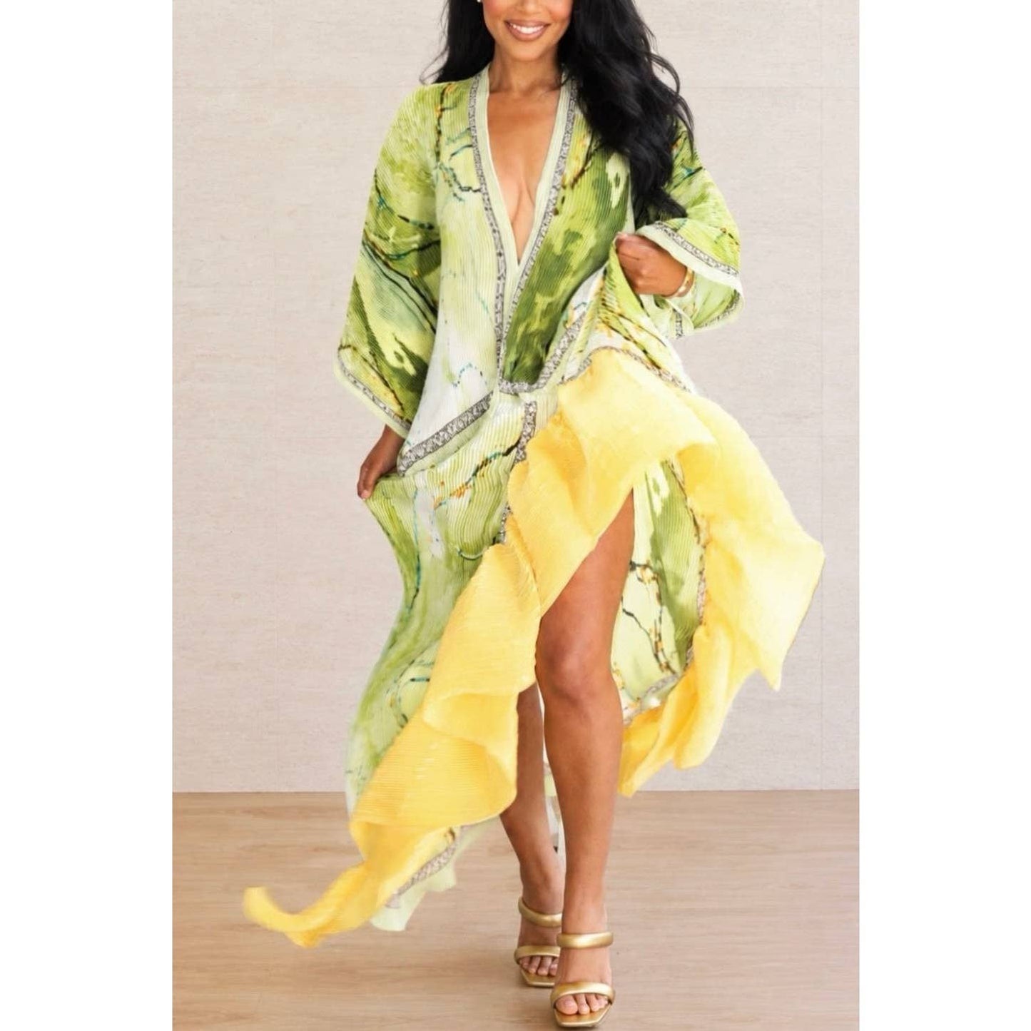 Citrus Floral Print Pleated Texture Ruffle Hem Kaftan Dress