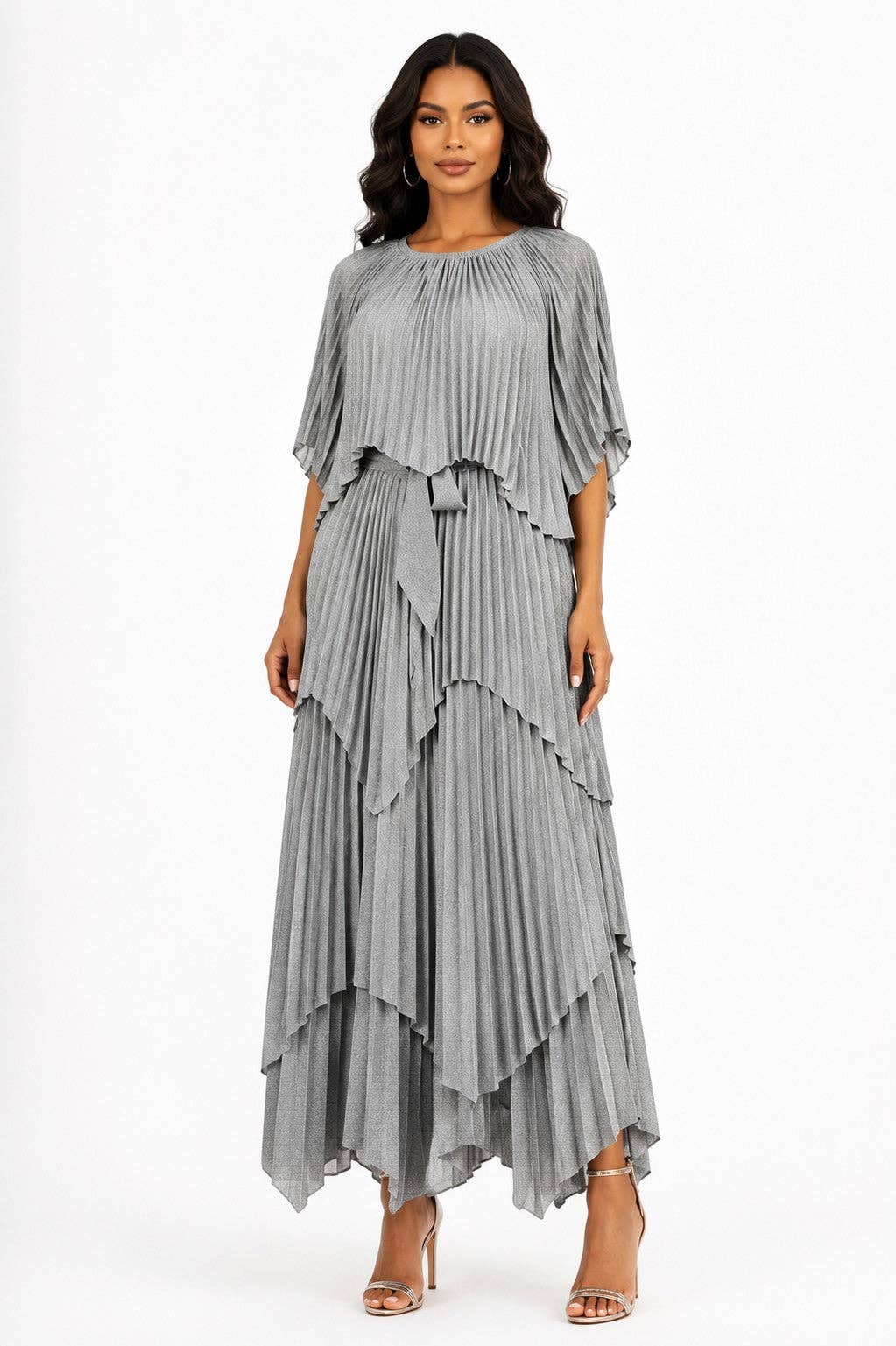 Layered Pleated Maxi Dress with Cape - 83453