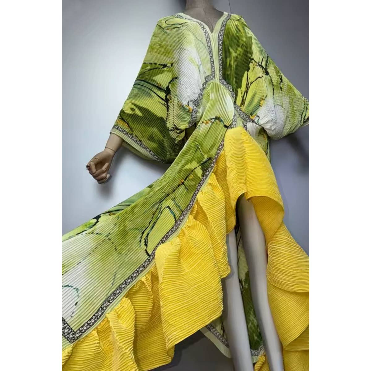 Citrus Floral Print Pleated Texture Ruffle Hem Kaftan Dress