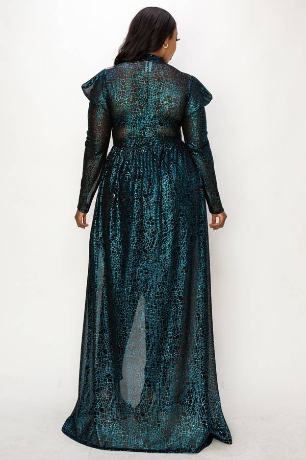 Puff Sleeve Foil Print See-Through Maxi Dress