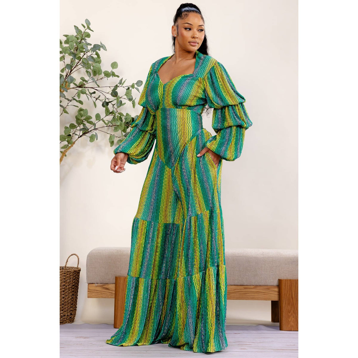 PLUS SIZE GREEN MULTI STRIPE JUMPSUIT