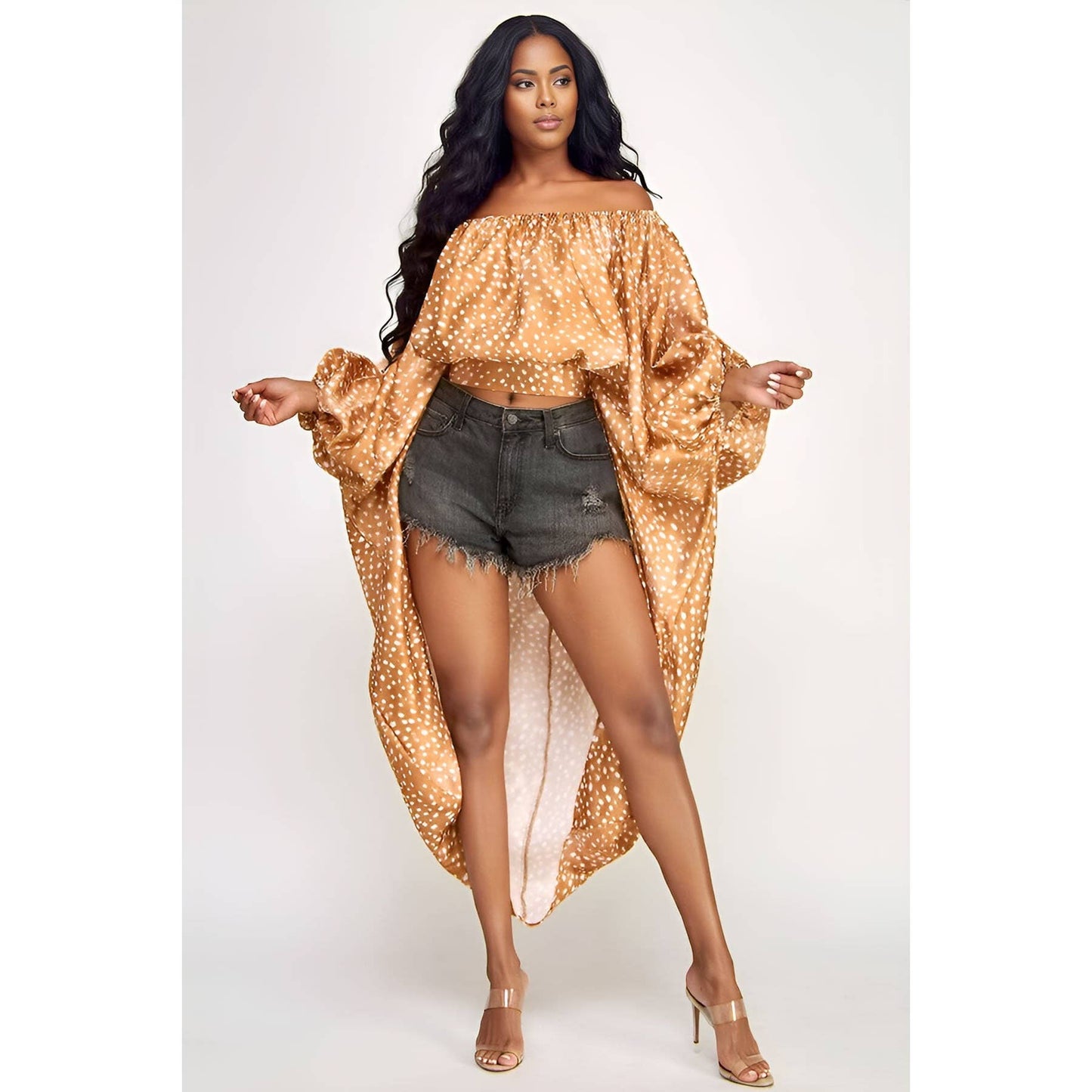 Waist Back Hidden Tie Off Shoulder High Low Satin Top