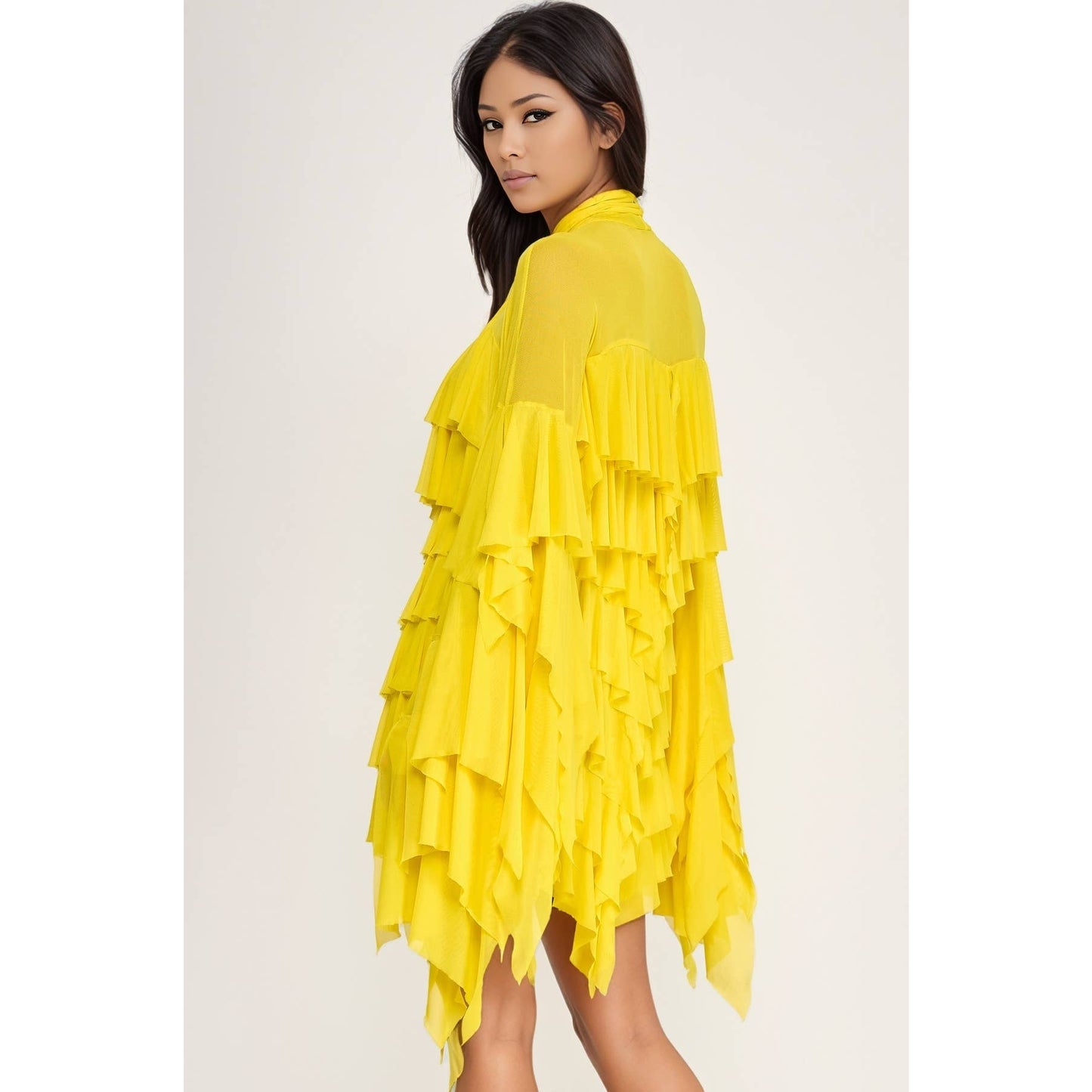 PLUS Tie Mock Neck Tiered Ruffle Mesh Blouse Top Mini Dress