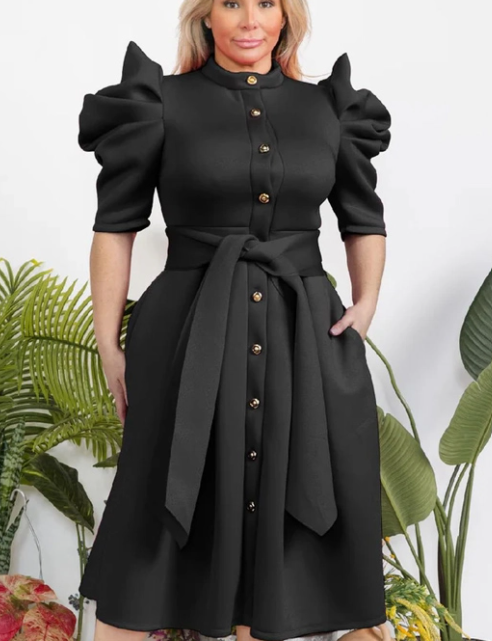 Plus Midi Dress with Puffed Sleeves