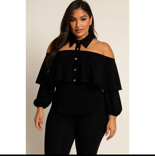 Mock Collar Off Shoulder Button Detail Blouse